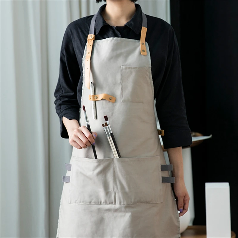

New 2018 BBQ Canvas Apron for Women Men Bib Leather Waterproofing Painting Chef Kitchen Pockets barber Cook Restaurant Waitress