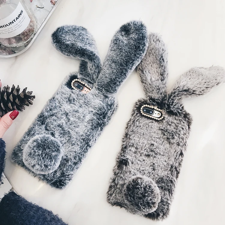 For iPhone 7 8 Xr phone case 3D Cute Rabbit Hairy Warm Fur Cover for 5S 6S Xs MAX Bling Rhinestone Plush Bunny Girls |