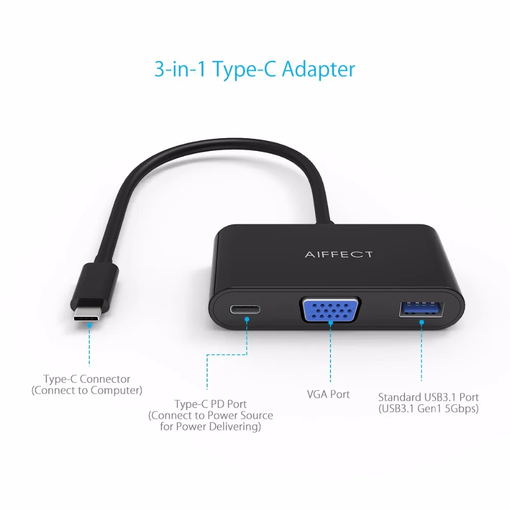 Aiffect USB 3.1 Тип c VGA конвертер адаптер 3 в 1 концентратор хаб с pd зарядки Порты и