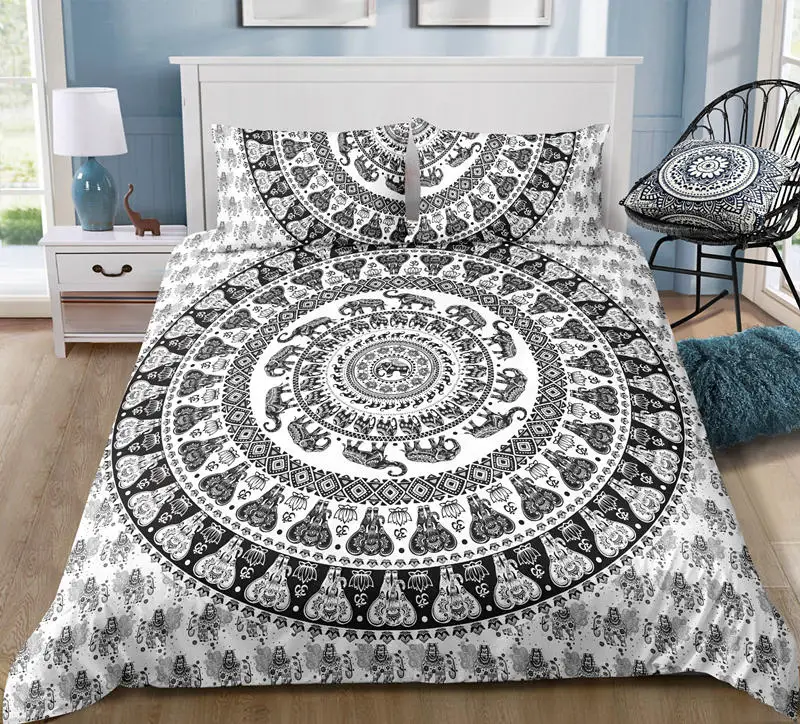 3D Bohemian Bedding Set Floral Paisley Pattern Duvet Cover Set Sky Blue Mandala Bedspread
