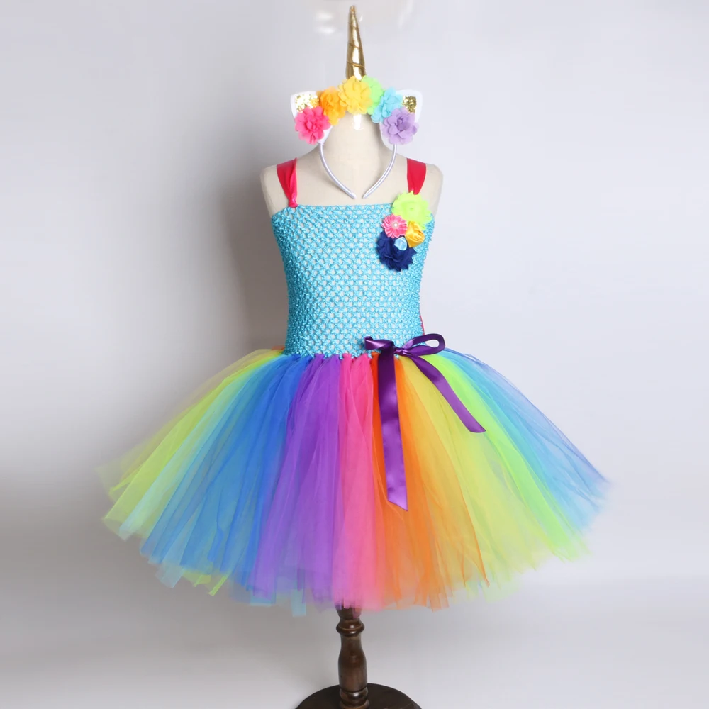 Rainbow Unicorn Girls Tutu Dress Tulle Flower Baby Girl Birthday Party Children Kids Halloween Pony Costume 2-12Y | Детская одежда и