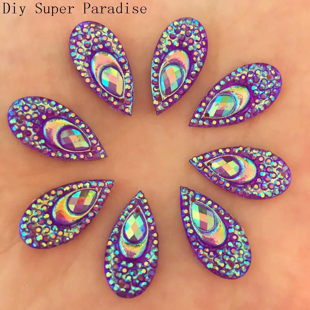 Hot 20pcs 10mm*20mm AB Drop Resin Peacock Eye Flatback Rhinestone Wedding Diy Buttons 2 Hole K83 | Дом и сад