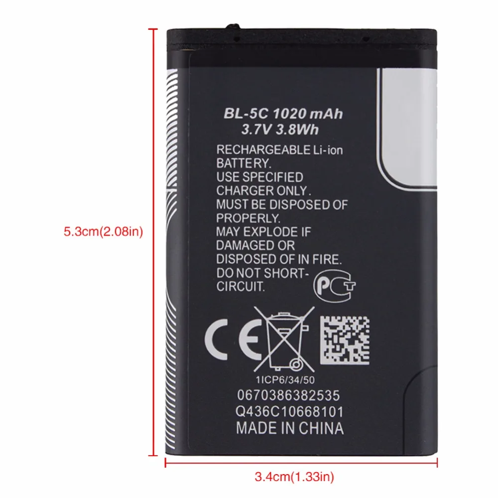 2 шт. 1020 мА/ч BL-5C Батарея для Nokia 1112 1208 1600 1100 1101 2610 2600 2300 6230 6630 n70 n71 n72 n91 e60 BL 5C