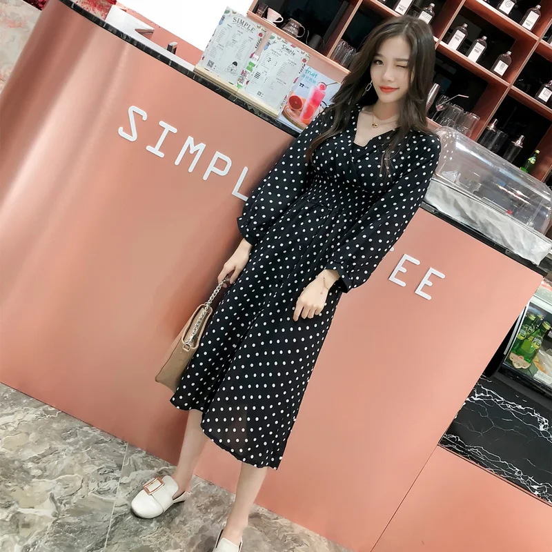 Осенне зимнее винтажное платье в горошек Boho 2018 корейские элегантные женские миди
