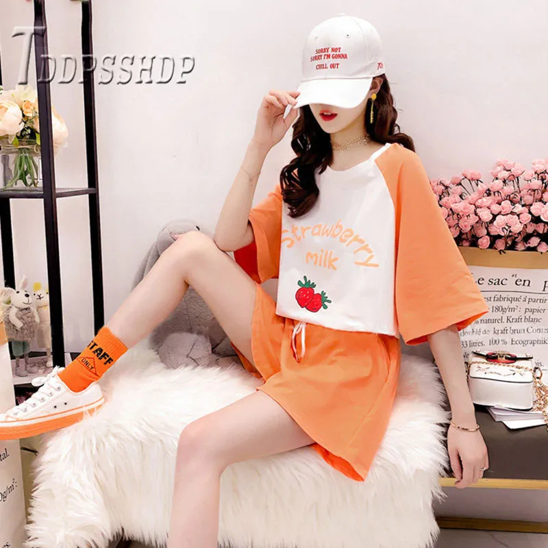 Kawaii женские наборы Ins популярные футболки и шорты женские наборы