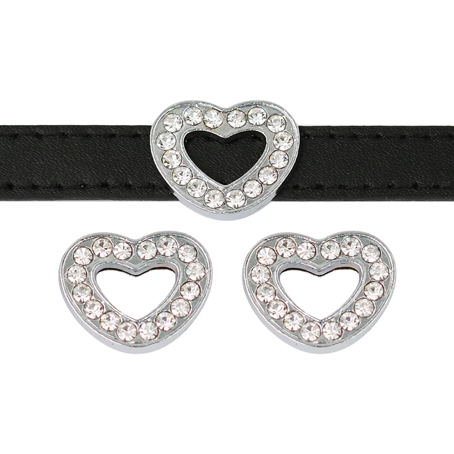 

(20, 50)PCS/lot 10MM Clear Rhinestones Heart Slide Charms Fit For 10mm DIY Leather Wristband Bracelet Keychains