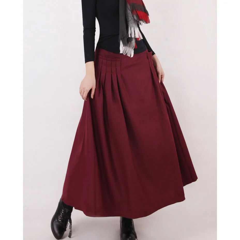 2018 Winter XXL Vintage Casual Wool Woolen a-line Pleated Maxi Skirts Womens / Retro Female Plissee a line Long skirt designs