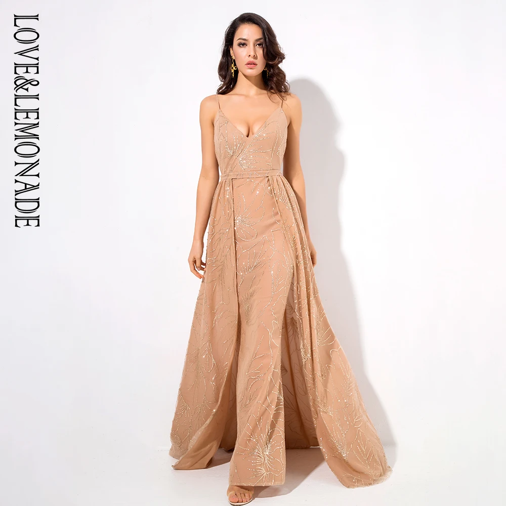 Женское платье LOVE & LEMONADE золотистое длинное облегающее со съемным фартуком и v