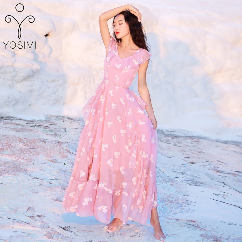 Женское вечернее платье YOSIMI длинное розовое с треугольным вырезом и принтом лето
