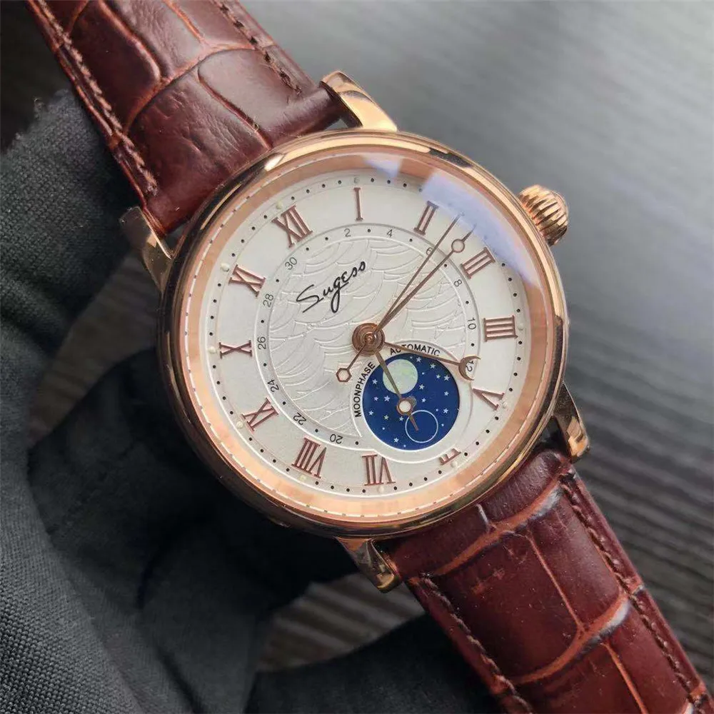 Rose Gold Brown Автоматические механические мужские часы в стиле ретро, светящиеся многофункциональные Мужские механические часы с фазой Луны ST2108 - Цвет: Rose Gold Brown