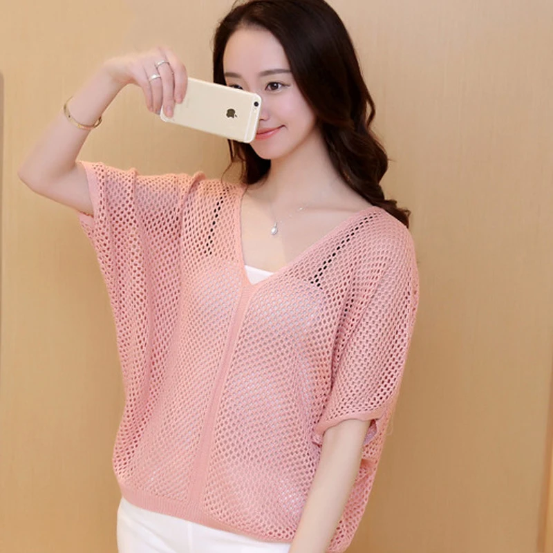 Трикотажный свитер с полурукавами на кнопках Тонкая блузка рукавом летучая мышь