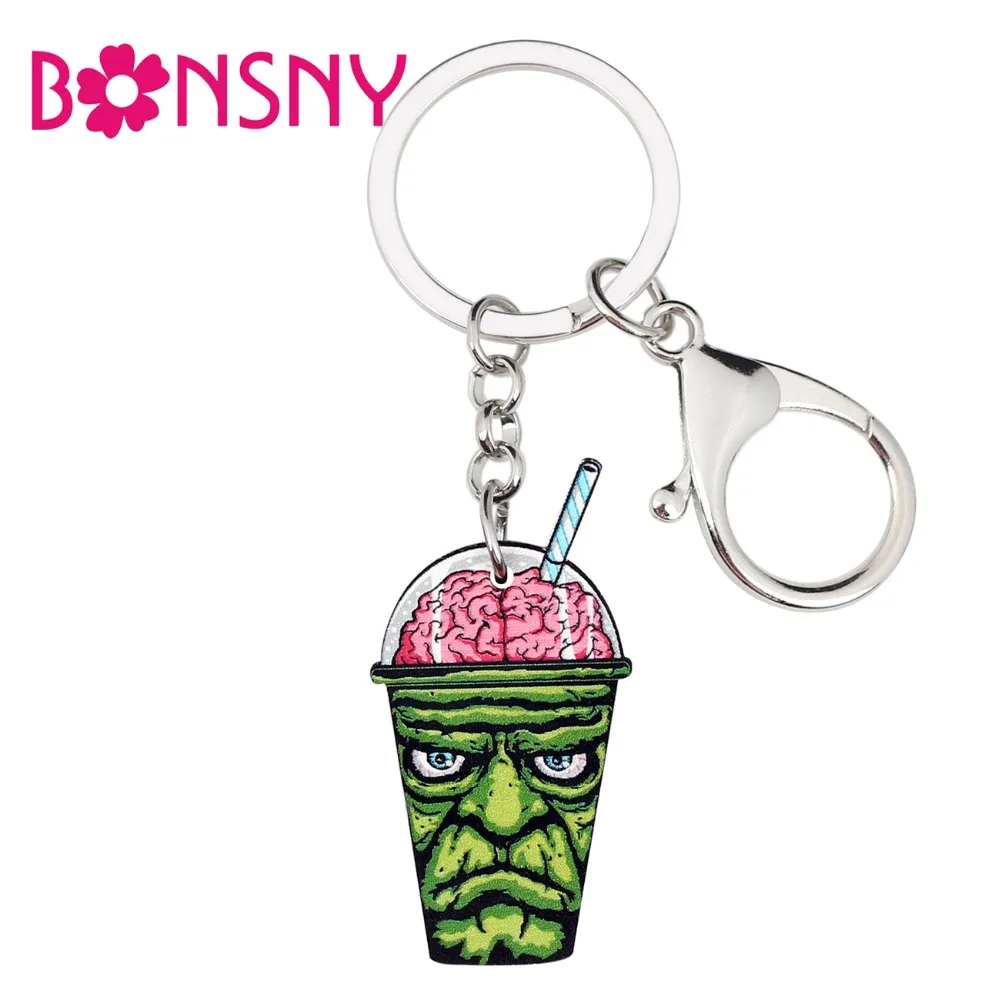 Bonsny акриловые брелки для ключей на Хэллоуин с зеленым мозгом зомби кольца женщин