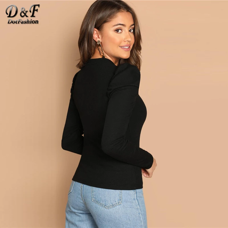 Dotfashion черная футболка с пуговицами и рукавами из бараньи, женская футболка с длинным рукавом, весна-осень, топы, Повседневная облегающая футболка