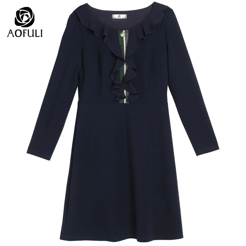 AOFULI женское платье большого размера с оборками новое осеннее синее офисное для