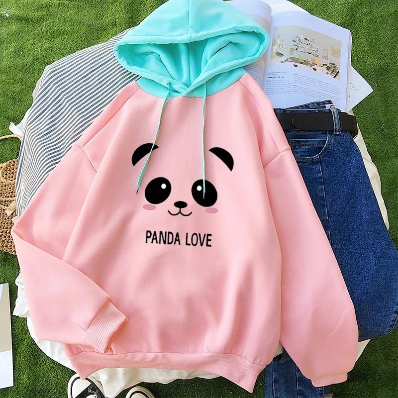 Модные женские толстовки с капюшоном Kawaii рисунком панды длинным рукавом реглан