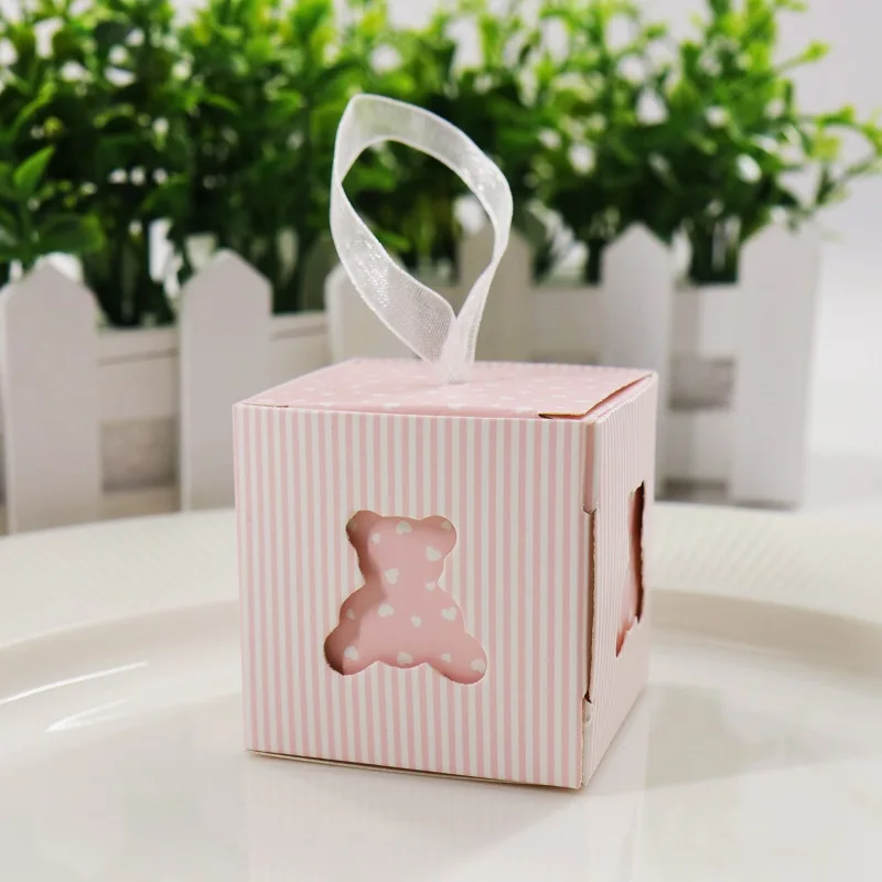 Pink 10 шт./лот, розовые/синие полые бумажные коробки с медведем, коробка для конфет, свадебные сувениры, подарок, милый держатель для вечеринки, дня рождения, для детского душа - Цвет: Pink