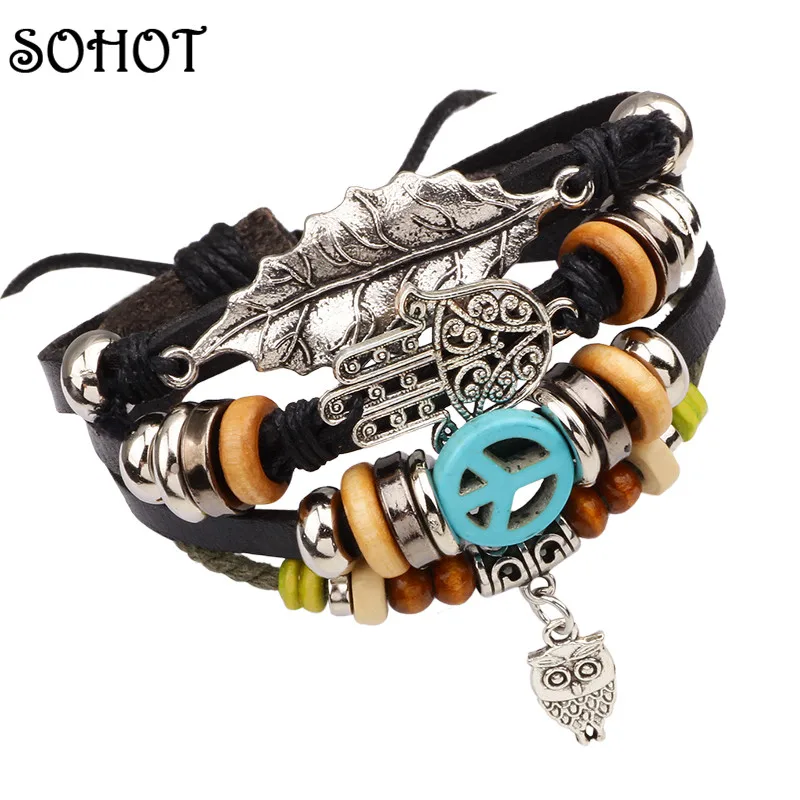 SOHOT модные подвески обернутые Браслеты деревянные бусины турецкий камень Слои