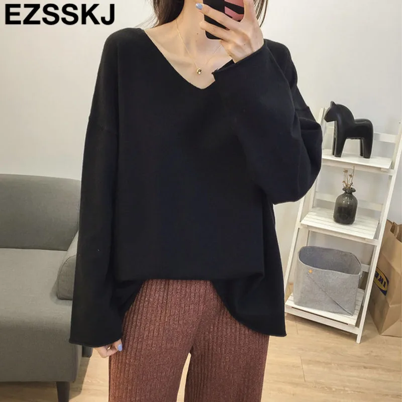 High Quality V-NECK spring autumn oversized Sweater Pullover Women big size Solid Knitted casual Female lazy | Женская одежда