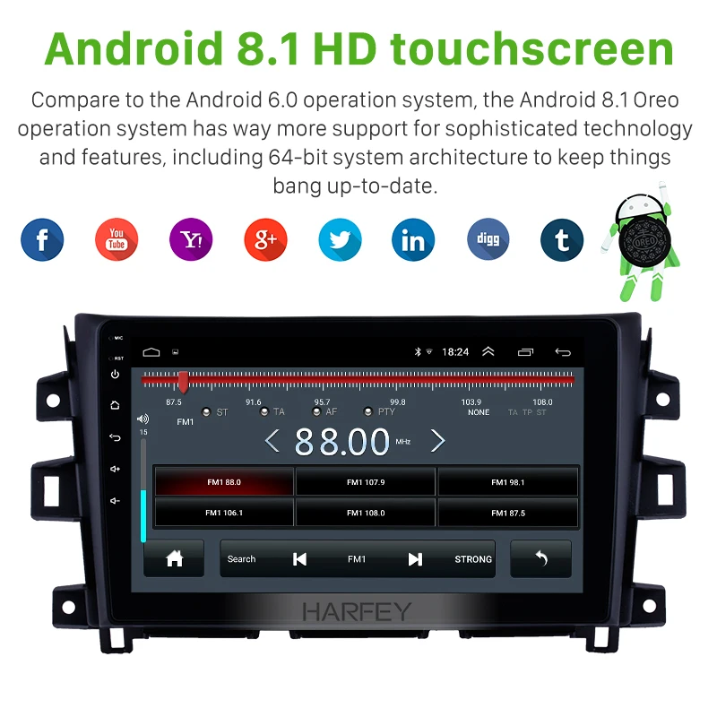 Harfey 10 1 дюймов Android 8 радио GPS навигация Bluetooth Сенсорный Стерео для Nissan Navara 2011-2016 с