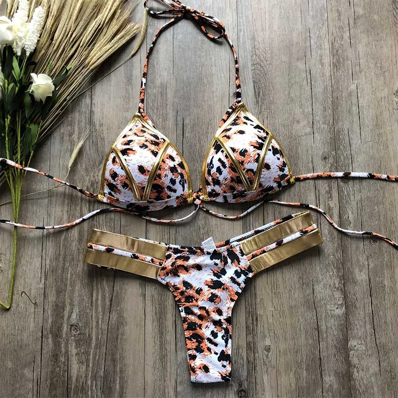 064 Leopard Сексуальный купальник бикини пуш-ап с бретелькой через шею, женский купальник в горошек, леопардовый комплект бикини, купальник, бразильский бандаж, перекрестный купальник, бикини - Цвет: 064 Leopard
