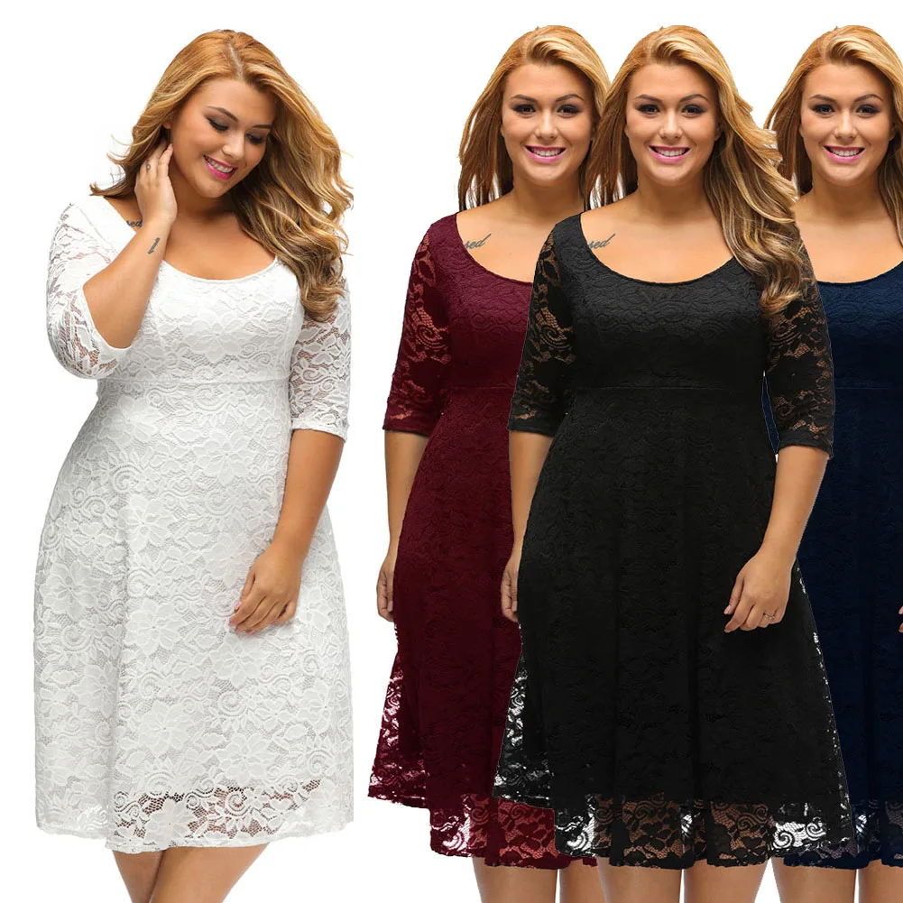 3XL 4XL 5XL размера плюс кружевное платье женское осеннее платье миди с цветочным рисунком и круглым вырезом А-силуэта вечернее элегантное женское платье для свадебной вечеринки