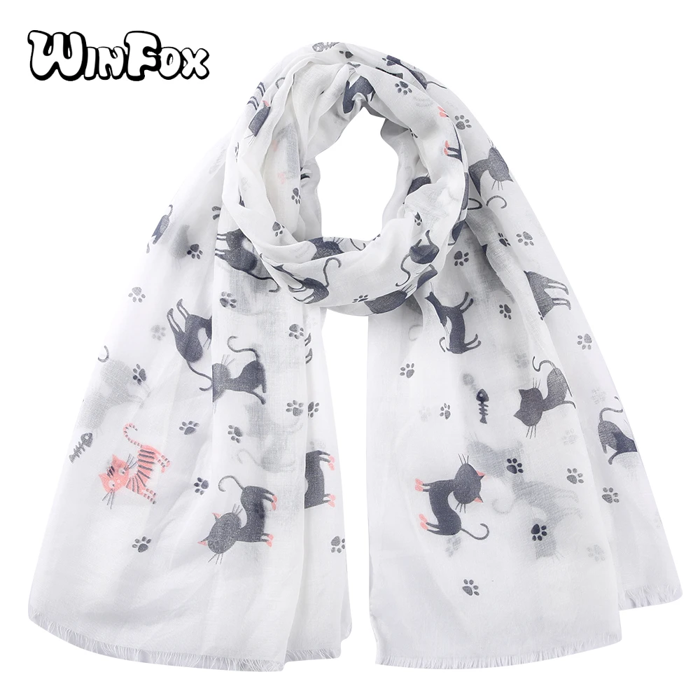 Winfox Kawaii Cat Paw Fish Шарф серый розовый женский с животным принтом мягкие длинные