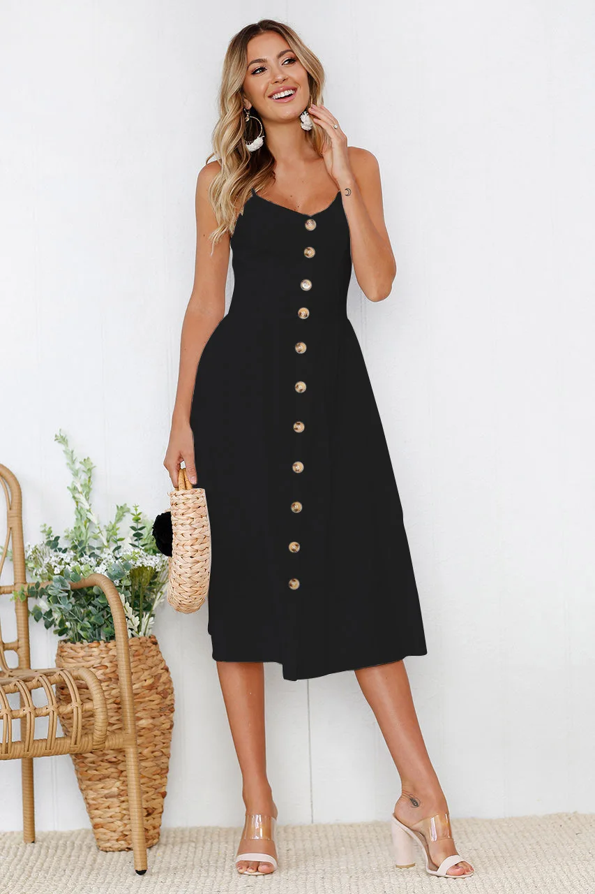 Женское платье на тонких бретельках повседневное летнее с пуговицами 2018|Женские