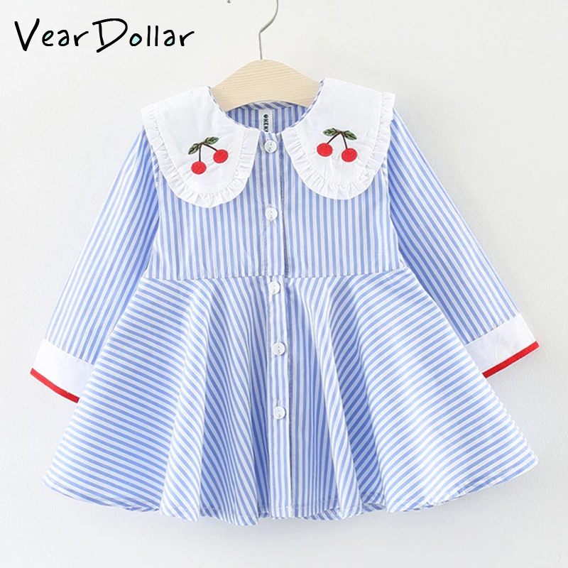

VearDoller New Fashion Girls Dress Cute Cherry Children Casual Dress Spring Autumn Long Sleeve Stripe Kids Dresses
