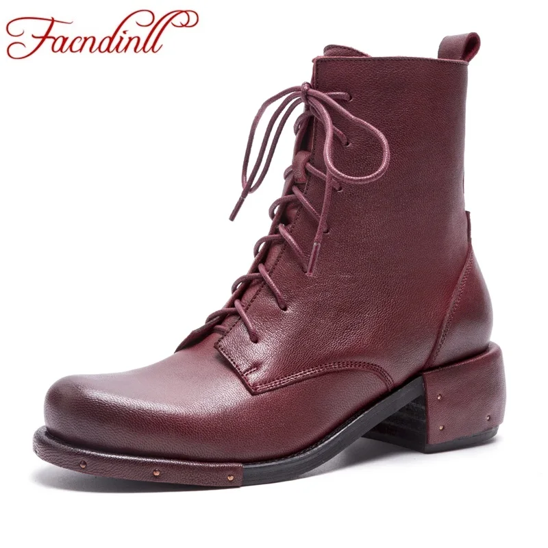 FACNDINLL high qulaity genuine leather women ankle boots shoes fashion autumn winter warm short lace up motorcycle | Обувь