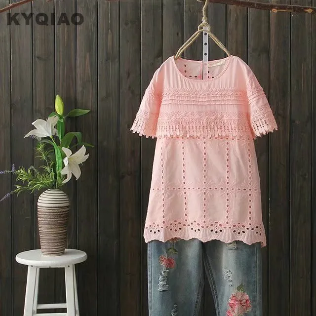 KYQIAO кружевная рубашка mori девушки осень лето японский стиль сладкий короткий рукав o-образным вырезом белый розовый сплошной кружева блузка блуза