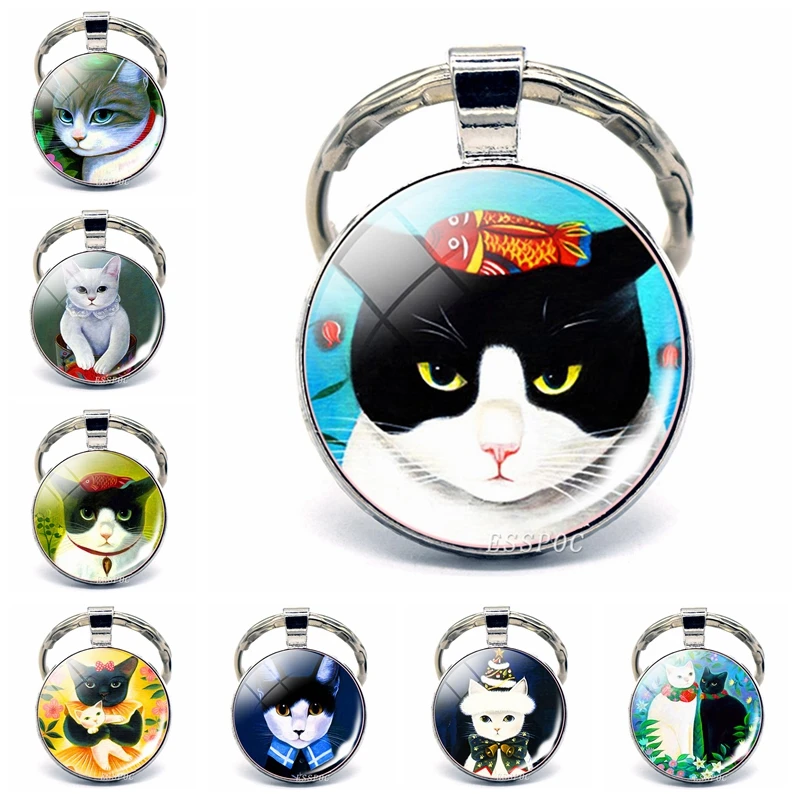 Брелок для ключей с изображением кошки из мультфильма стеклянный кабошон