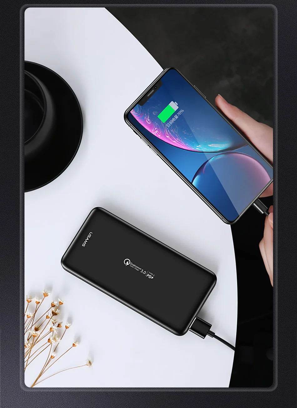 Внешний аккумулятор PD QC3.0 USAMS power bank для iPhone Xiaomi Quick Charge 3,0 портативное Внешнее зарядное устройство для мобильного телефона huawei