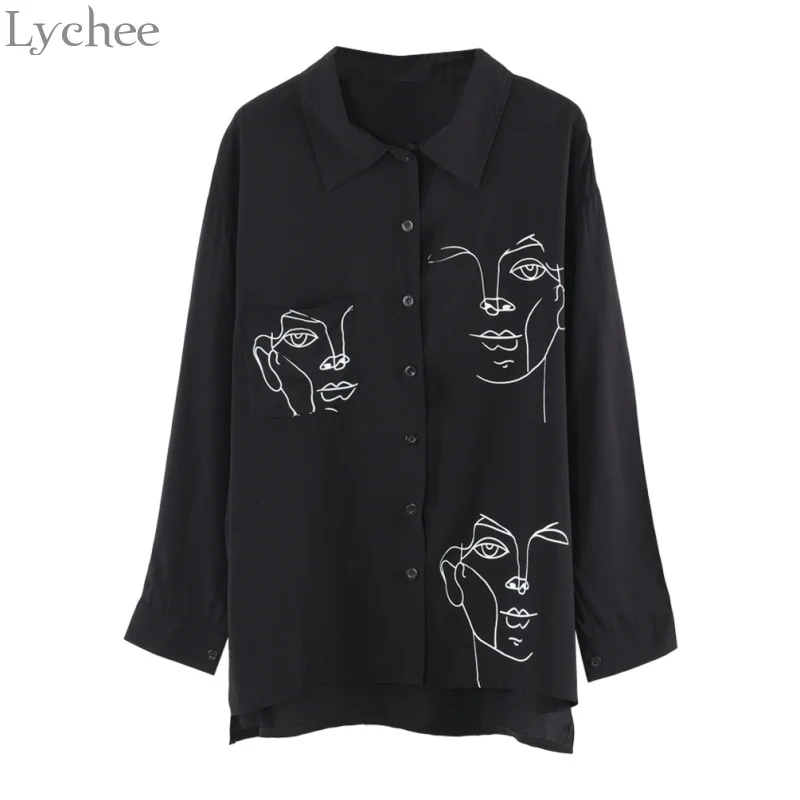 Женская блузка Lychee с принтом лица Повседневная Свободная рубашка длинным