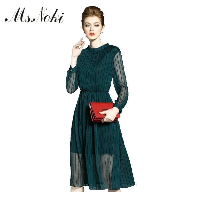 Ms. Noki/Красное длинное платье в полоску для девочки шифоновое с длинными рукавами