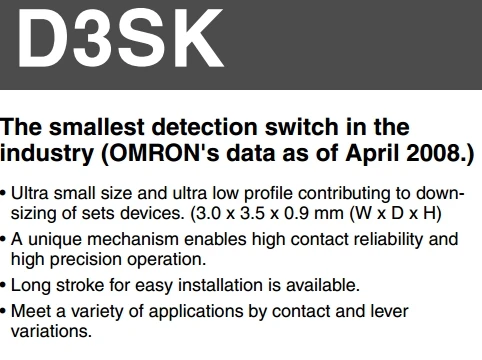 10 шт./лот D3SK-A0L-P SMD концевой выключатель 3*3 переключатель обнаружения нормально