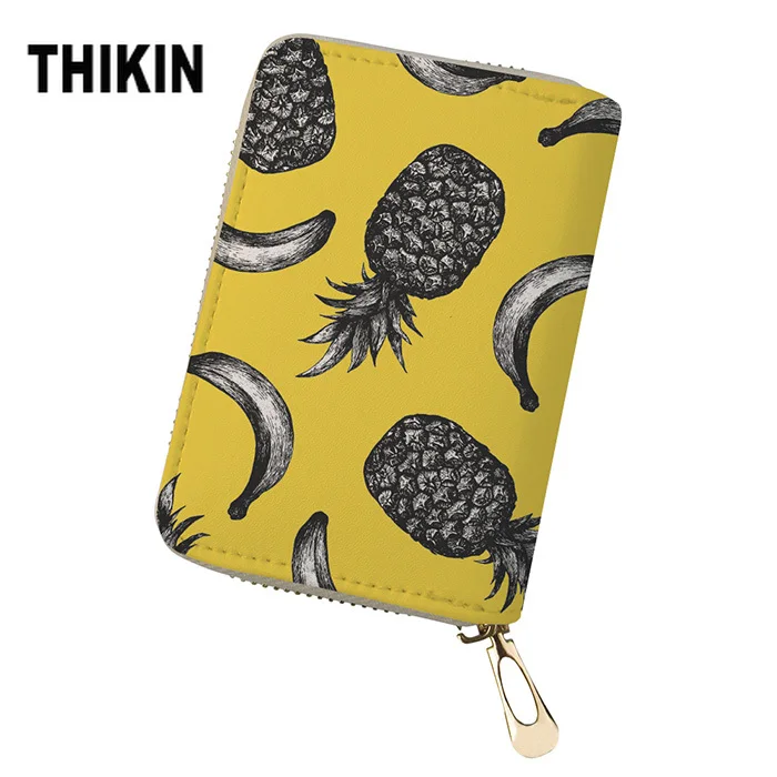 THIKIN Funny Banana Yellow Print PU Leather Kaarthouder Cards Holder Canta Bag Women Zipper Credit ID Card Organizer Customized | Багаж и