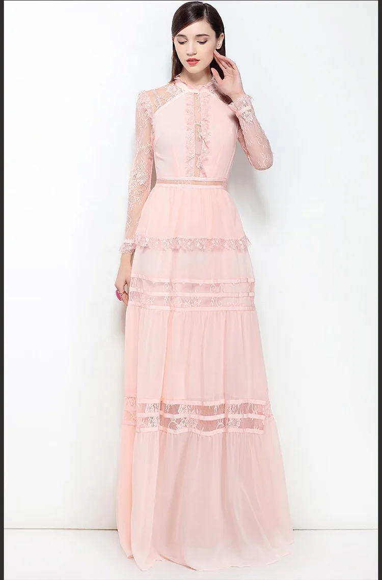 Женское кружевное платье макси с круглым вырезом и длинными рукавами | Женская