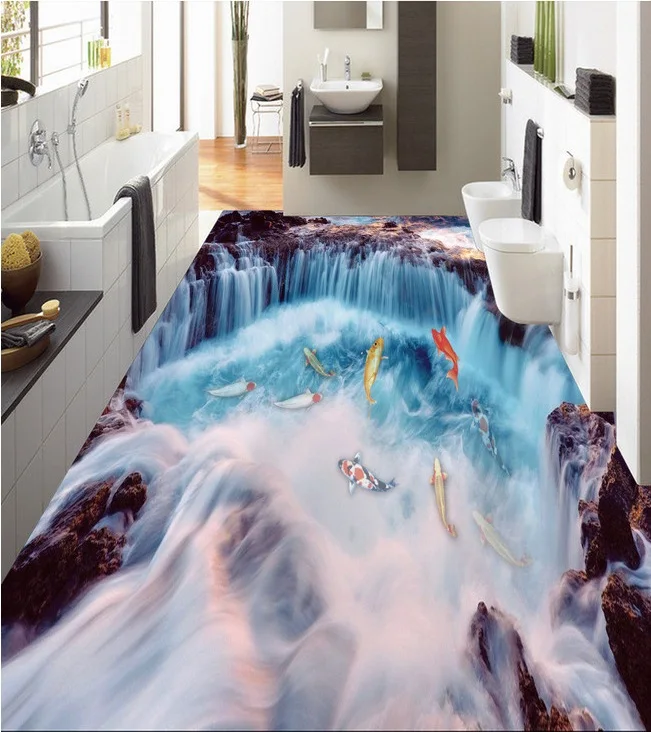 3d наклейка на пол водопад карп самоклеящаяся|mural wallpaper|photo 3dfloor mural |
