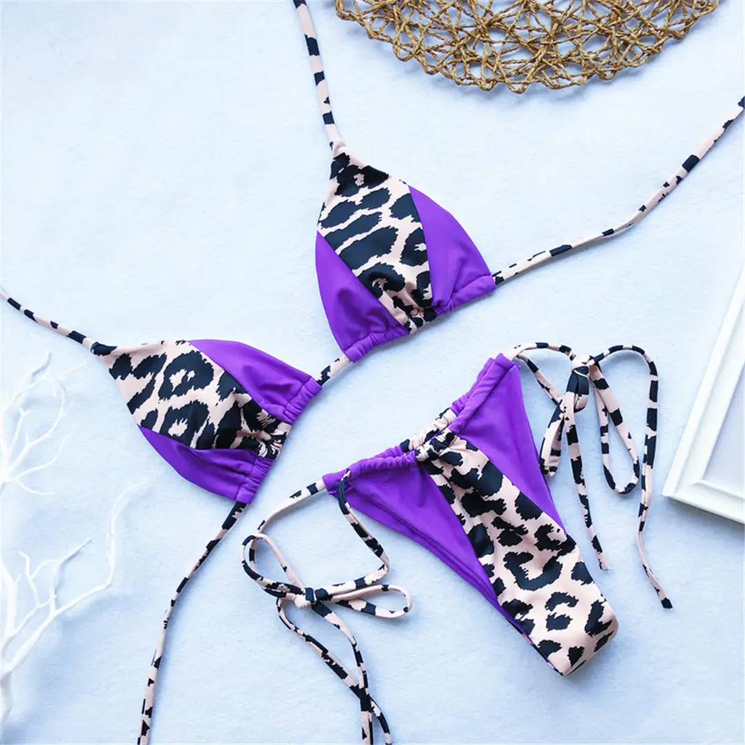 Purple Leopard 9 цветов, бикини в стиле пэчворк,, женская одежда для плавания, женский купальный костюм, комплект бикини из двух предметов, купальный костюм на завязках, одежда для плавания V1402 - Цвет: Purple Leopard