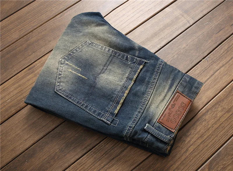Модные рваные джинсы для мужчин отверстие мотоциклетные брюки синий slim fit