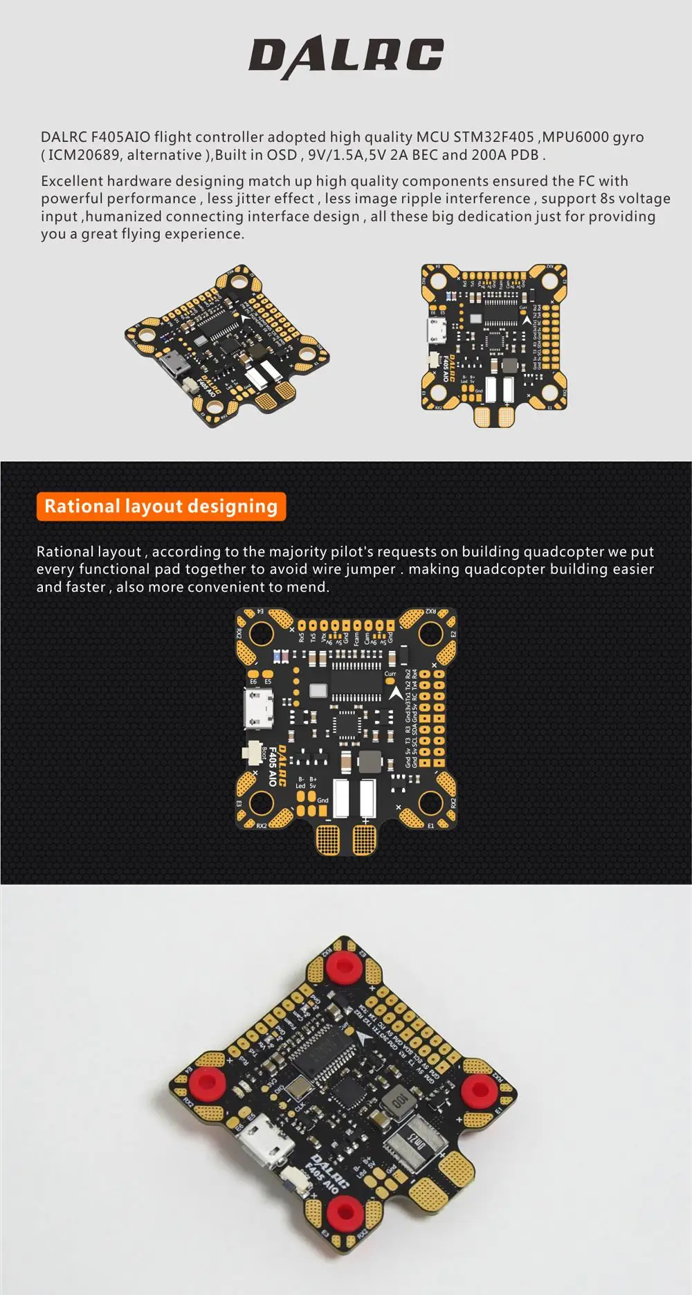 DALRC F405 AIO полет Управление высокое качество MCU STM32 F405RGT6 MPU6000 гироскопа F4 AIO полет Управление Встроенный OSD BEC 9В/3A PDB FC