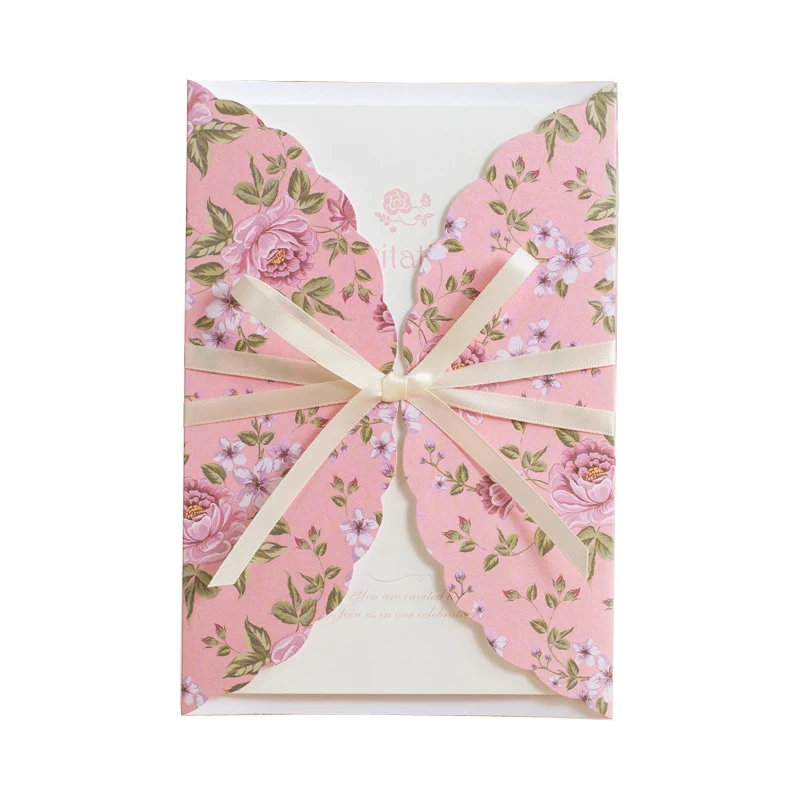 

50Pcs Pink Flower Wedding Birthday Invitation Cards with Ribbon Bow Envelopes Inner Customized