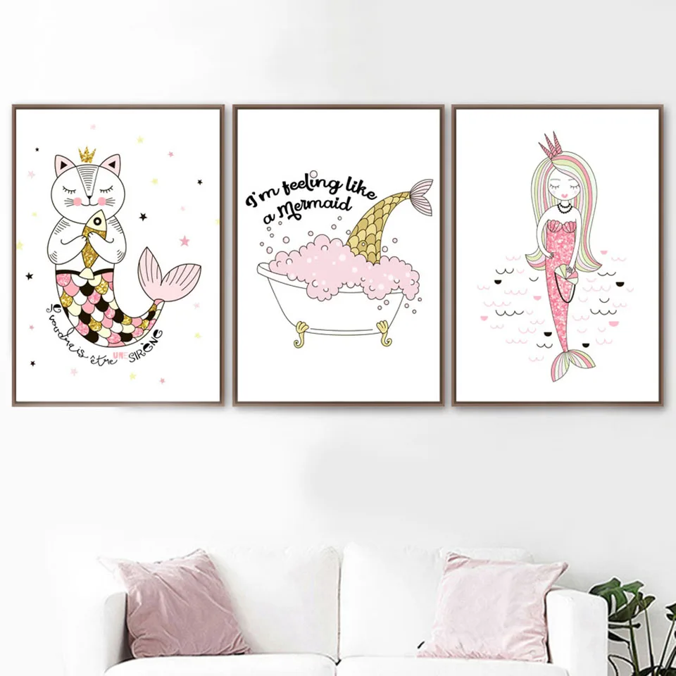 Печатные плакаты с маленькой русалочкой мультяшное настенное искусство простой
