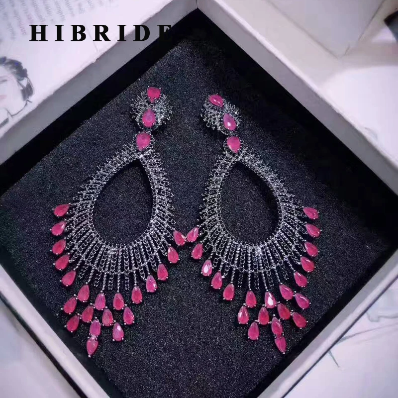 

HIBRIDE Big Green And Red Cubic Zircon Pendientes Earrings For Women European Style Female Party Show Drop Earring Brincos E-450