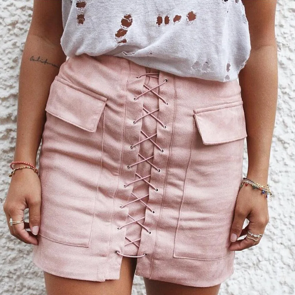 pink Danjeaner, Женская Осенняя юбка-карандаш на шнуровке,, Зимняя мода, перекрестная высокая талия, модная молния, Сплит, облегающая короткая мини-юбка - Цвет: pink
