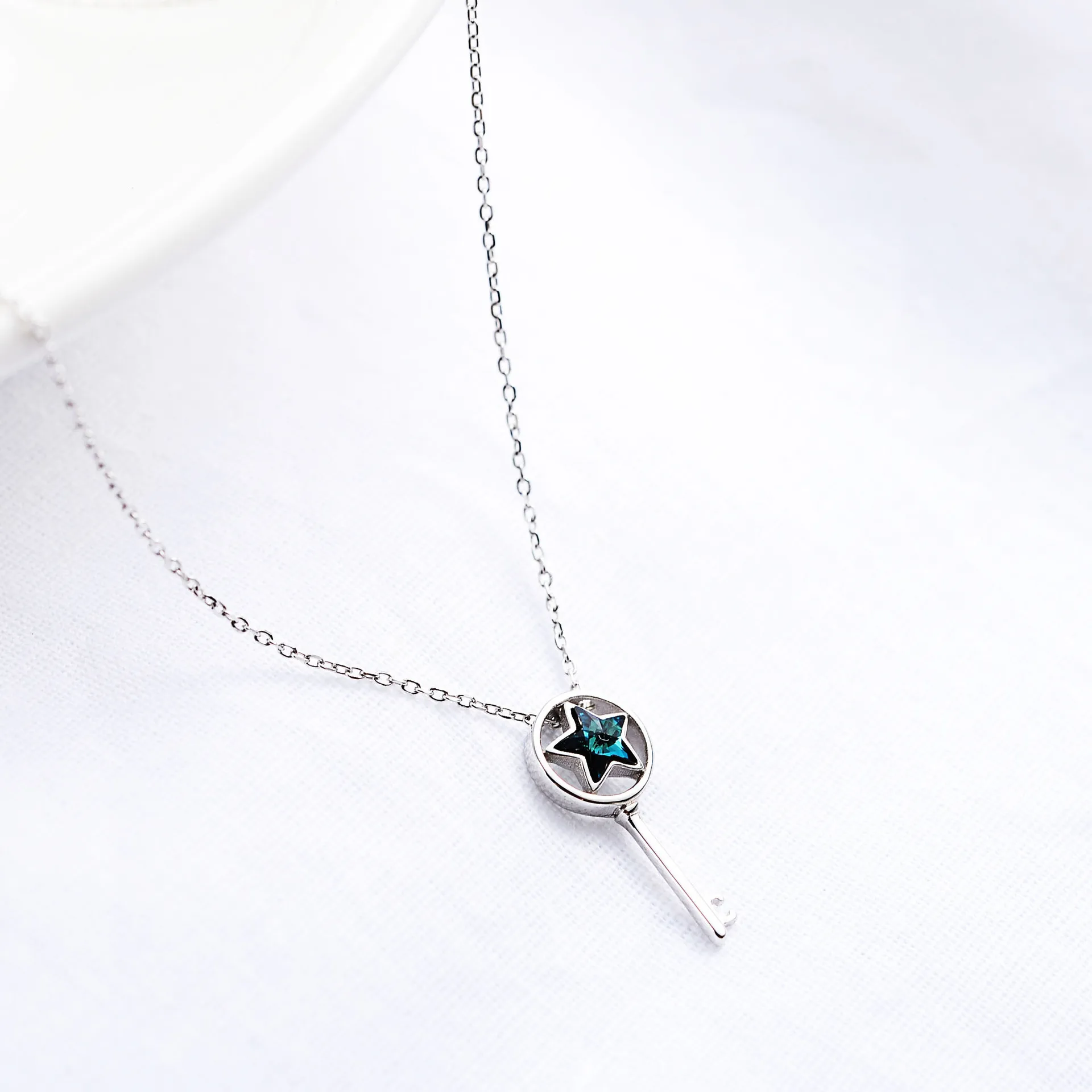 Женское Ожерелье с голубым кристаллом и звездой 100% Стерлинговое Серебро 925 пробы