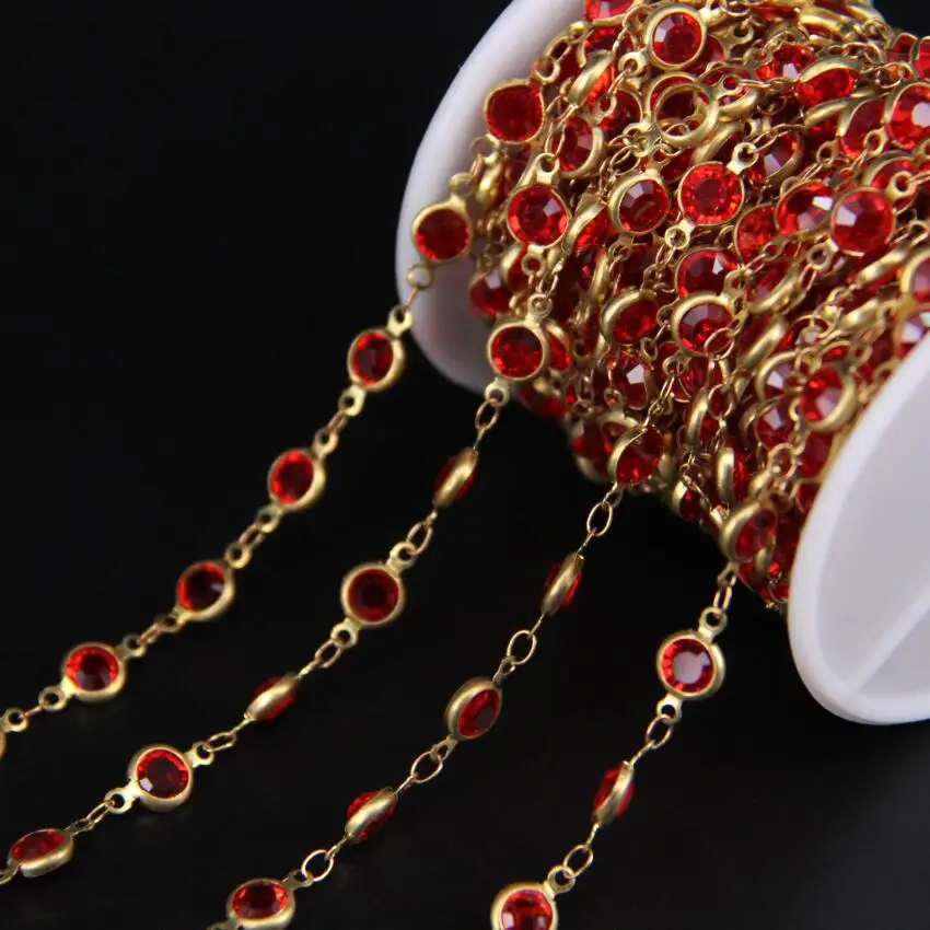 

5Meters/lot Red Glass Rosary Chian,Copper Brass Wire Wrapped Link Crystal Faceted Coin Beads DIY Women Sweater Chain