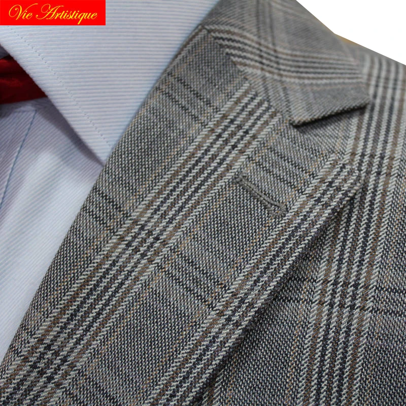 custom tailor made suits 3 pieces jacket pant vest Worsted wool Men's groom tuxedos slim fit wedding silver grey whales plaid