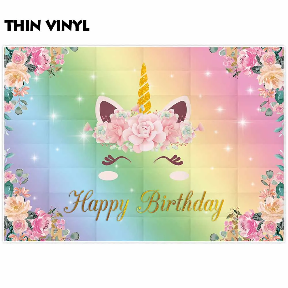 Allenjoy backdrop for photographic studio unicorn flower colorful rainbow glitter happy birthday background customize photocall |