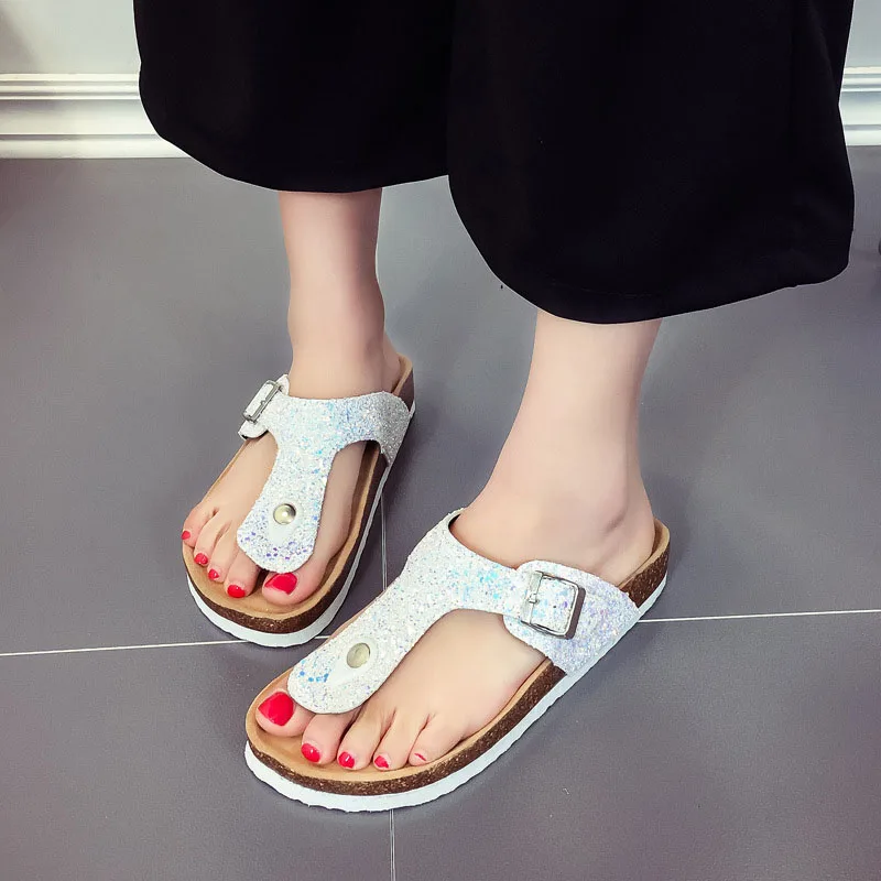 New Bling Beach Cork Flip Flops Slippers 2018 Casual Summer Women Sequins Print Slip on Slides Shoe Plus Size ME149 | Обувь